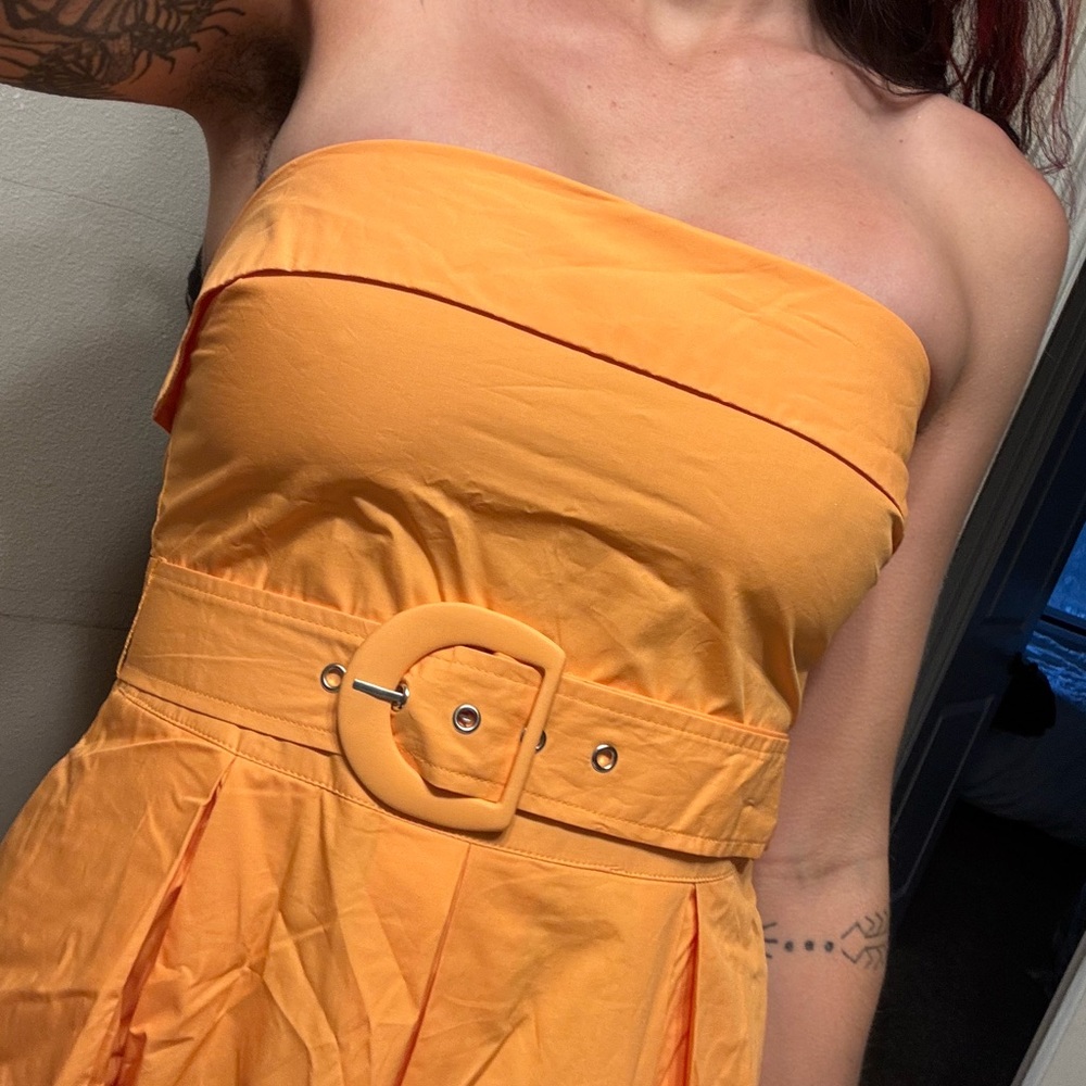 Lulus Trendsetting Choice Orange Strapless Midi Dress With Pockets - Size M